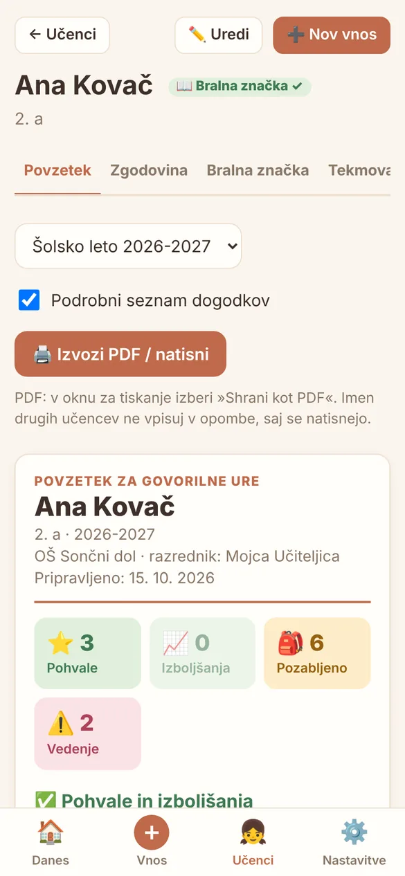 Povzetek učenca za govorilne ure