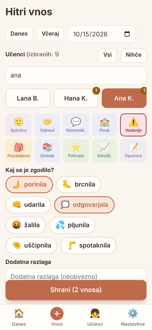 Hitri vnos: izbira učenca, kategorije in postavk